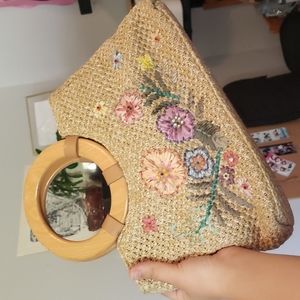 Flower Print Rattan Hand Bag with Bamboo Handles